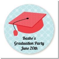 Graduation Cap Red - Round Personalized Graduation Party Sticker Labels