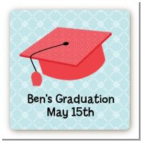 Graduation Cap Red - Square Personalized Graduation Party Sticker Labels