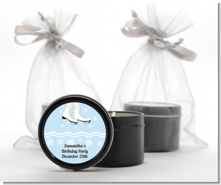 Ice Skating with Snowflakes - Birthday Party Black Candle Tin Favors