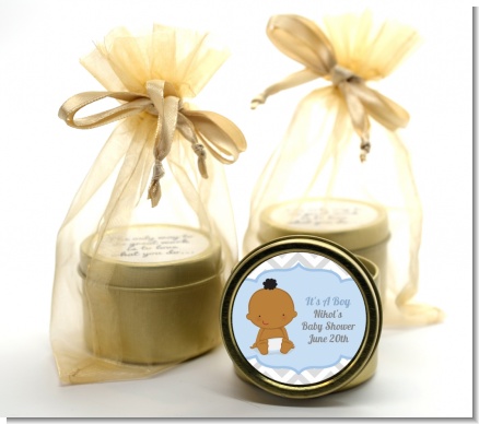 It's A Boy Chevron African American - Baby Shower Gold Tin Candle Favors