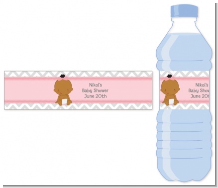 It's A Girl Chevron African American - Personalized Baby Shower Water Bottle Labels