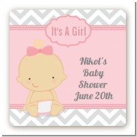 It's A Girl Chevron - Square Personalized Baby Shower Sticker Labels