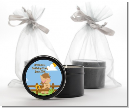 Little Cowgirl Horse - Birthday Party Black Candle Tin Favors