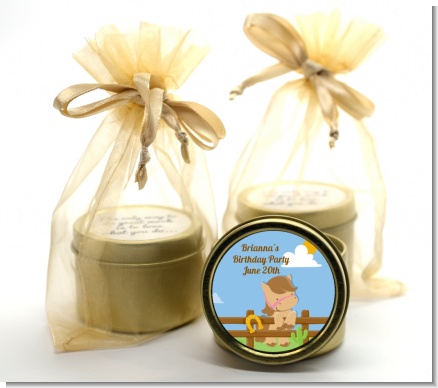 Little Cowgirl Horse - Birthday Party Gold Tin Candle Favors