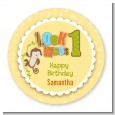 Look Who's Turning One Monkey - Round Personalized Birthday Party Sticker Labels thumbnail