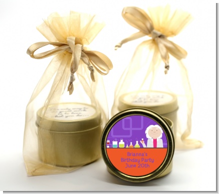 Mad Scientist - Birthday Party Gold Tin Candle Favors