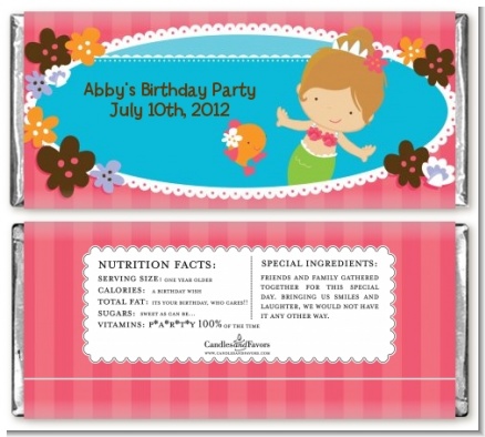 Mermaid Brown Hair - Personalized Birthday Party Candy Bar Wrappers