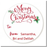 Merry Christmas with Holly - Round Personalized Christmas Sticker Labels