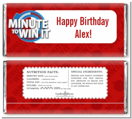 Minute To Win It Inspired - Personalized Birthday Party Candy Bar Wrappers