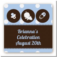 Modern Baby Boy Blue Polka Dots - Square Personalized Baby Shower Sticker Labels