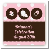 Modern Baby Girl Pink Polka Dots - Square Personalized Baby Shower Sticker Labels