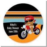 Motorcycle African American Baby Boy - Round Personalized Baby Shower Sticker Labels
