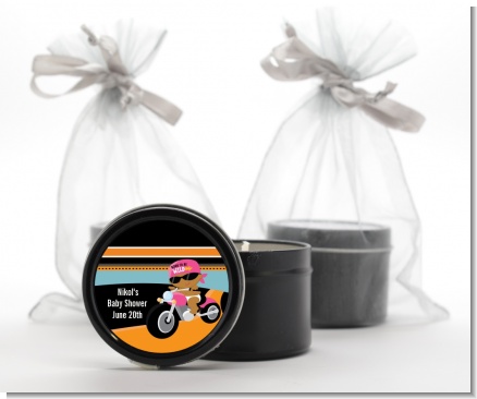 Motorcycle African American Baby Girl - Baby Shower Black Candle Tin Favors
