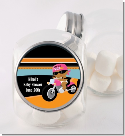 Motorcycle African American Baby Girl - Personalized Baby Shower Candy Jar