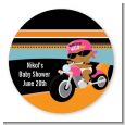 Motorcycle African American Baby Girl - Round Personalized Baby Shower Sticker Labels thumbnail
