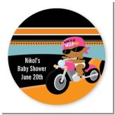 Motorcycle African American Baby Girl - Round Personalized Baby Shower Sticker Labels