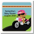 Motorcycle African American Baby Girl - Square Personalized Baby Shower Sticker Labels thumbnail