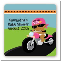 Motorcycle African American Baby Girl - Square Personalized Baby Shower Sticker Labels