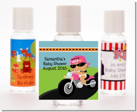 Motorcycle Hispanic Baby Girl - Personalized Baby Shower Hand Sanitizers Favors