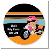 Motorcycle Hispanic Baby Girl - Round Personalized Baby Shower Sticker Labels