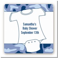 Baby Outfit Blue Camo - Square Personalized Baby Shower Sticker Labels