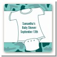 Baby Outfit Green Camo - Square Personalized Baby Shower Sticker Labels thumbnail