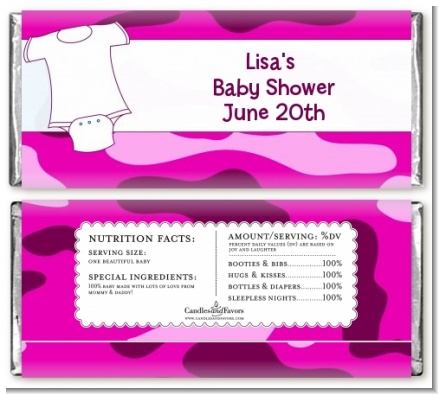 Baby Outfit Pink Camo - Personalized Baby Shower Candy Bar Wrappers