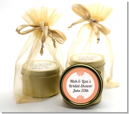 Orange Damask - Bridal Shower Gold Tin Candle Favors