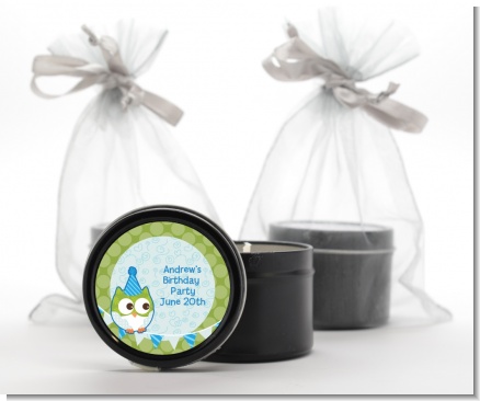 Owl Birthday Boy - Birthday Party Black Candle Tin Favors