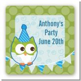 Owl Birthday Boy - Square Personalized Birthday Party Sticker Labels