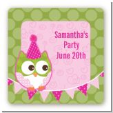 Owl Birthday Girl - Square Personalized Birthday Party Sticker Labels