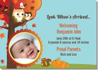 Owl - Fall Theme or Halloween - Birth Announcement Photo Card