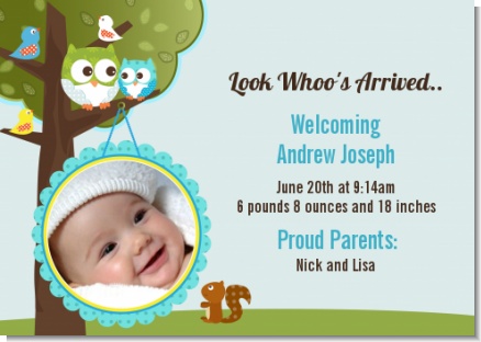 Owl - Look Whooo's Having A Boy - Birth Announcement Photo Card