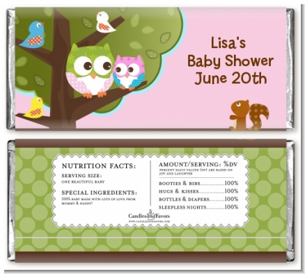 Owl - Look Whooo's Having A Girl - Personalized Baby Shower Candy Bar Wrappers