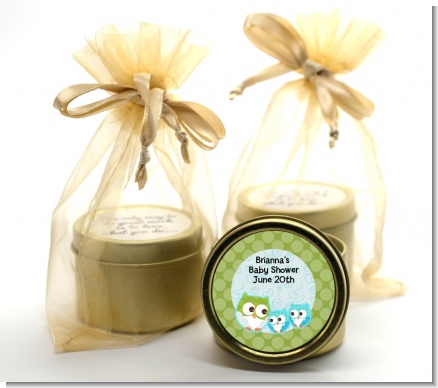 Owl - Look Whooo's Having Twin Boys - Baby Shower Gold Tin Candle Favors
