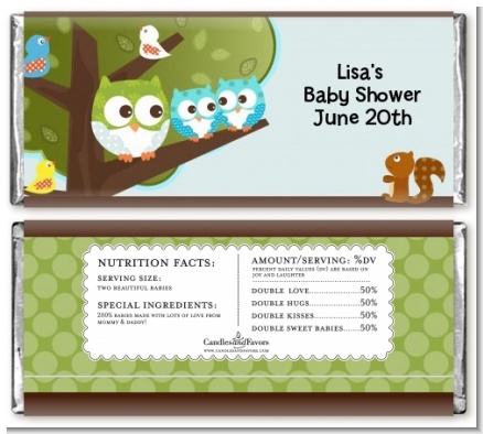 Owl - Look Whooo's Having Twin Boys - Personalized Baby Shower Candy Bar Wrappers