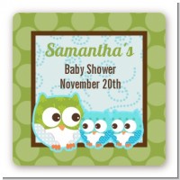 Owl - Look Whooo's Having Twin Boys - Square Personalized Baby Shower Sticker Labels