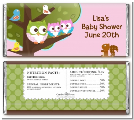 Owl - Look Whooo's Having Twin Girls - Personalized Baby Shower Candy Bar Wrappers
