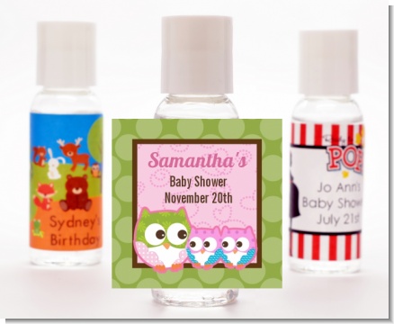 Owl - Look Whooo's Having Twin Girls - Personalized Baby Shower Hand Sanitizers Favors