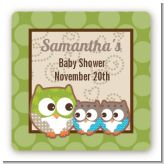 Owl - Look Whooo's Having Twins - Square Personalized Baby Shower Sticker Labels