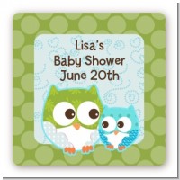 Owl - Look Whooo's Having A Boy - Square Personalized Baby Shower Sticker Labels