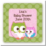 Owl - Look Whooo's Having A Girl - Square Personalized Baby Shower Sticker Labels