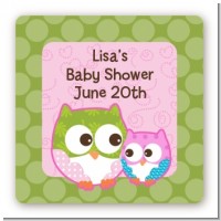 Owl - Look Whooo's Having A Girl - Square Personalized Baby Shower Sticker Labels