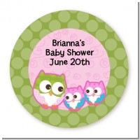 Owl - Look Whooo's Having Twin Girls - Round Personalized Baby Shower Sticker Labels