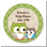 Owl - Look Whooo's Having A Baby - Round Personalized Baby Shower Sticker Labels