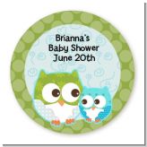 Owl - Look Whooo's Having A Boy - Round Personalized Baby Shower Sticker Labels