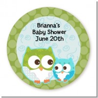 Owl - Look Whooo's Having A Boy - Round Personalized Baby Shower Sticker Labels