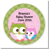 Owl - Look Whooo's Having A Girl - Round Personalized Baby Shower Sticker Labels