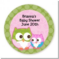 Owl - Look Whooo's Having A Girl - Round Personalized Baby Shower Sticker Labels