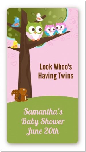 Owl - Look Whooo's Having Twin Girls - Custom Rectangle Baby Shower Sticker/Labels